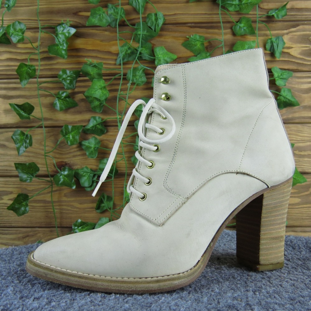 Shoe Bizz Made in Italy Beige‎ Leather Lace Up Heel Boots Women Size 38 Stylish